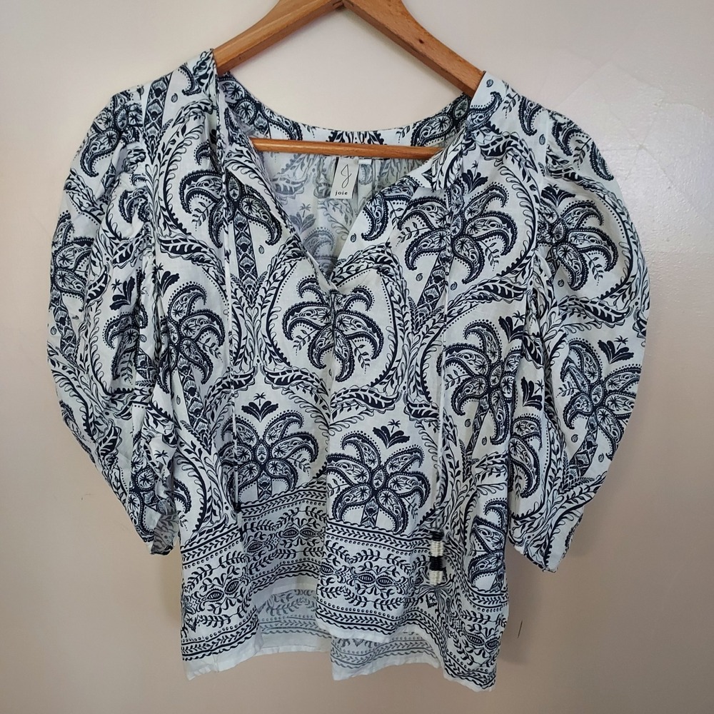 Joie Navy White Paisley Linen Blend Puff Sleeve Tassel Blouse Small Coastal Boho